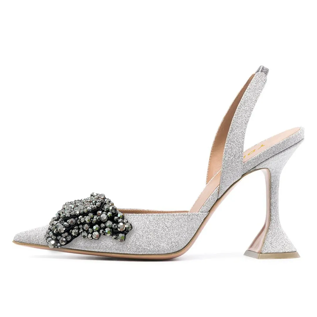 Rhinestone Butterfly Pointed Toe High Heel Glitter Silver Pumps