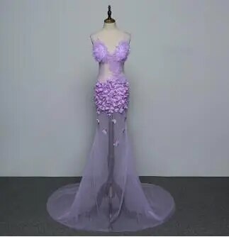 VCSHOES Purple Flowers Mesh Sleeveless See Through Long Dress Women's Birthday Bar Prom Clothes Nightclub Women Singer Dance Show Dress