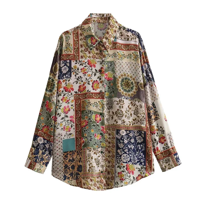 Tlbang Spring Women Patchwork Print Satin Shirt Long Sleeve Lapel Collar Female Vintage Blouse Blusas Mujer