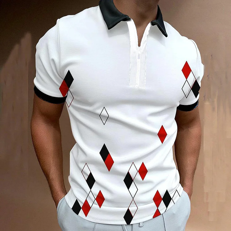 Playing Card Pattern Casual Short Sleeve Zipper Men's Polo Shirts Tops at Hiphopee