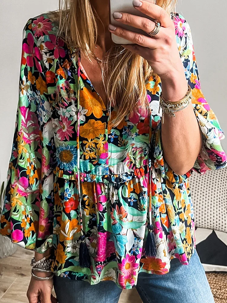 Women's Vintage Floral Blouse Shirt V-Neck Ruffle Flower Blouse