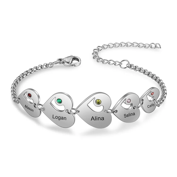 Personalized Heart Bracelet Custom 5 Birthstones Family Jewelry for Mother Daughters