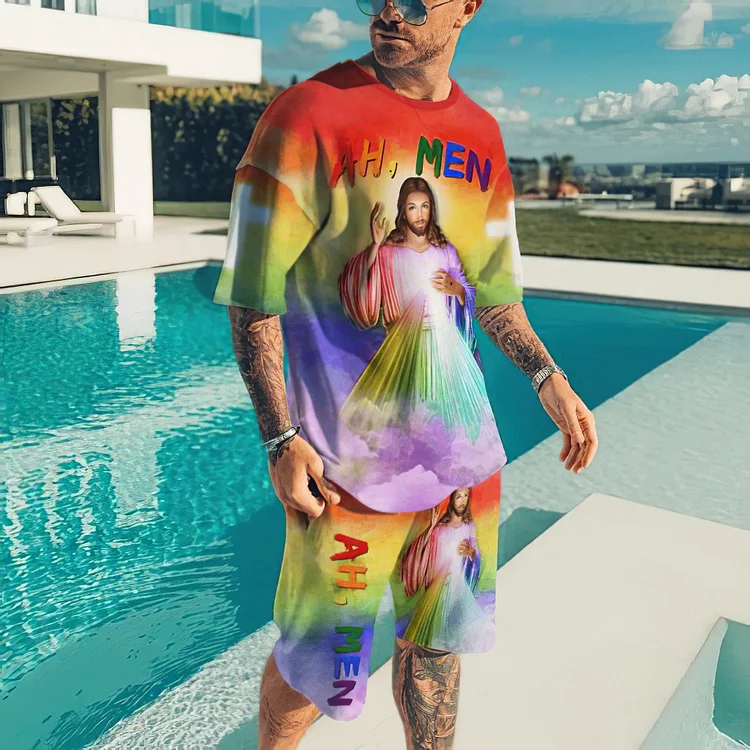 BrosWear Lgbt Ah Men Gay Pride Jesus T-Shirt And Shorts Co-Ord