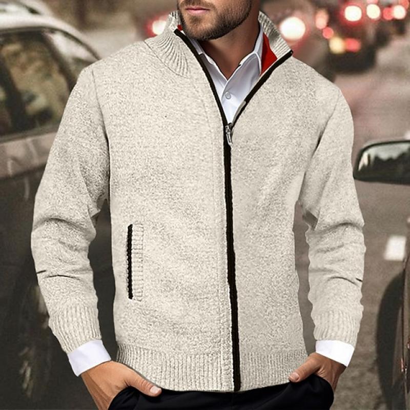 Men's Casual Stand Collar Colorblock Long Sleeve Zipper Knitted Cardigan