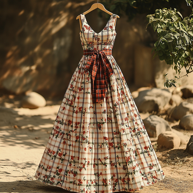 Simpfit Ärmelloses Vintage-Kleid aus Nachahmung aus Baumwolle und Leinen Blumenkaromuster für Damen