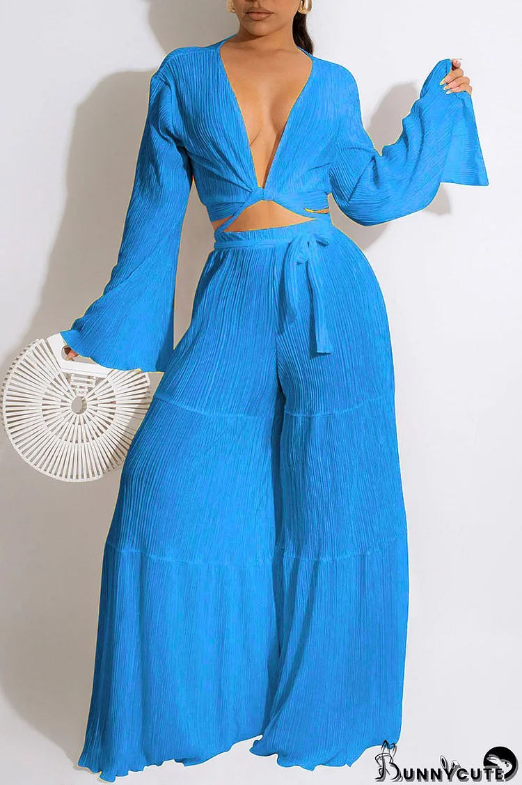 Lake Blue Sexy Solid Bandage Patchwork V Neck Long Sleeve Two Pieces