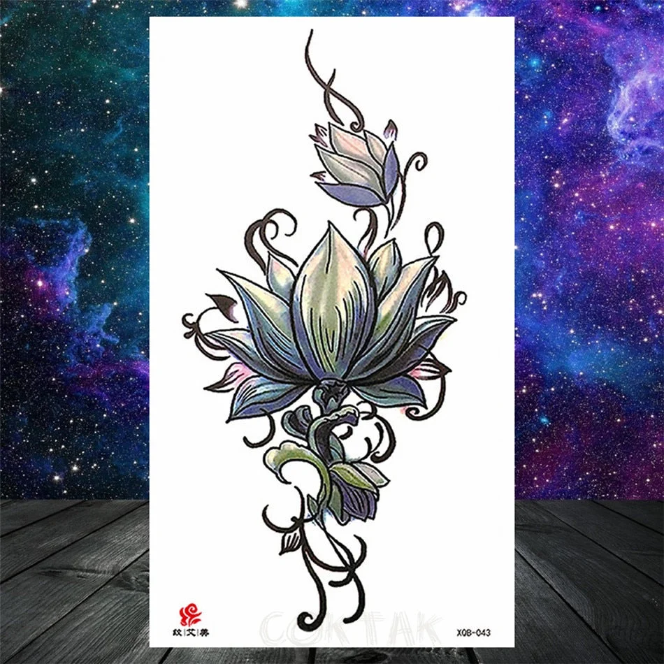 Lotus Flower Temporary Tattoo For Women Girls Snake Peony Lily Rose Chains Tattoos Sticker Black Blossom Fake Transferable Tatoo