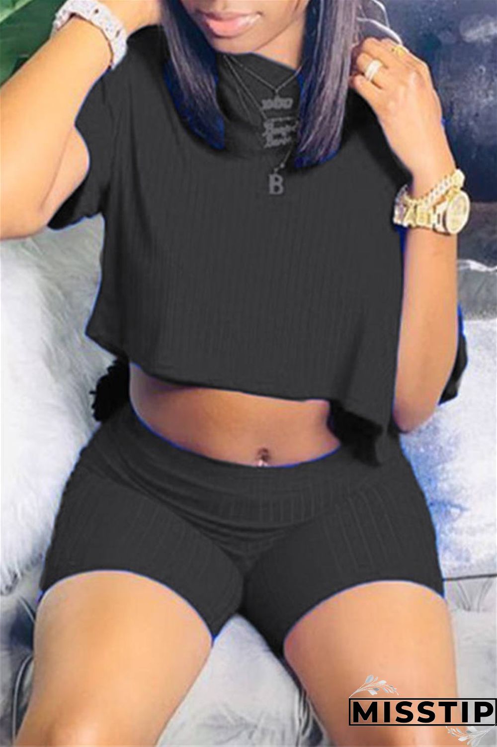 Black Fashion Casual Solid Basic O Neck Short Sleeve Two Pieces