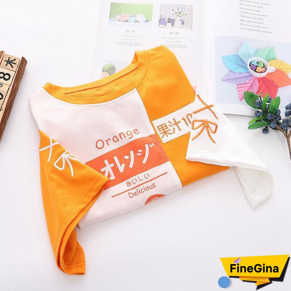 Japanese Orange Letter Print Color Block T-shirt