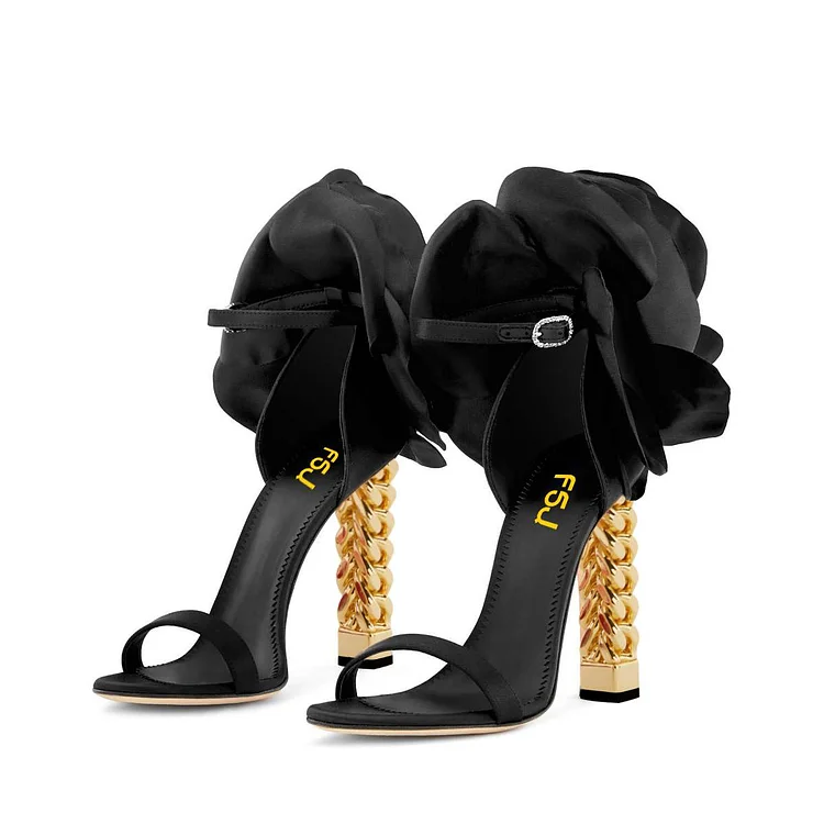 Black Satin Prom Shoes Gold Chain Heel Floral Women's Sandals |FSJ Shoes