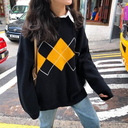 Winter Knitted Sweater Women Oversized Argyle Sweaters Fashion Clothes Famale Long Sleeve Korean Crop Top Women Ropa De Mujer