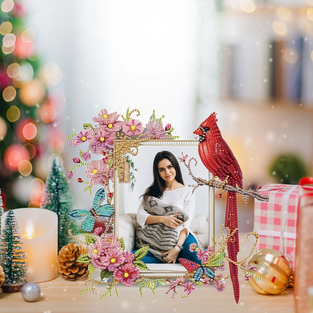 5D DIY Cardinal and Flower Acrylic Special Shape Diamond Painting Picture Frame