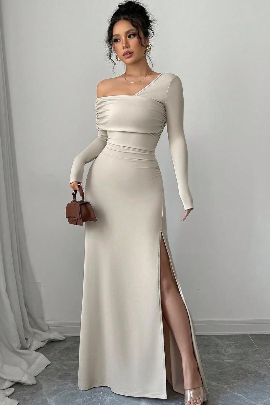 Lvs&Broner One Shoulder Long Sleeves Long Split Prom Dress With Pleated   