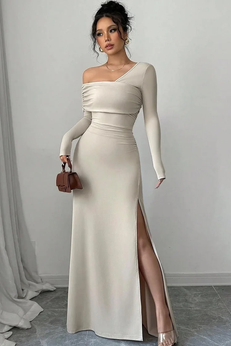 Hellodresses One Shoulder Long Sleeves Long Split Prom Dress With Pleated   