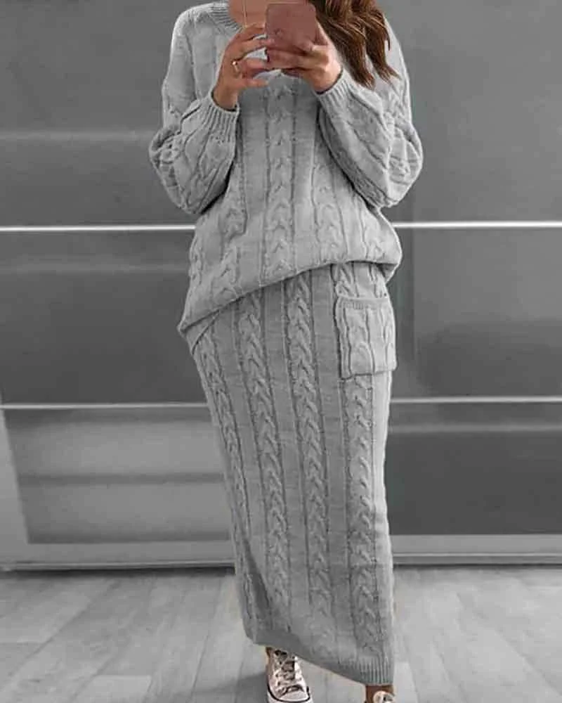 Two-piece set of fashionable twist sweater + skirt