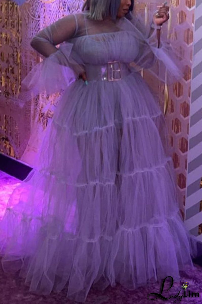 Plus Size Solid Sheer Ruffle Sleeve Maxi Dresses