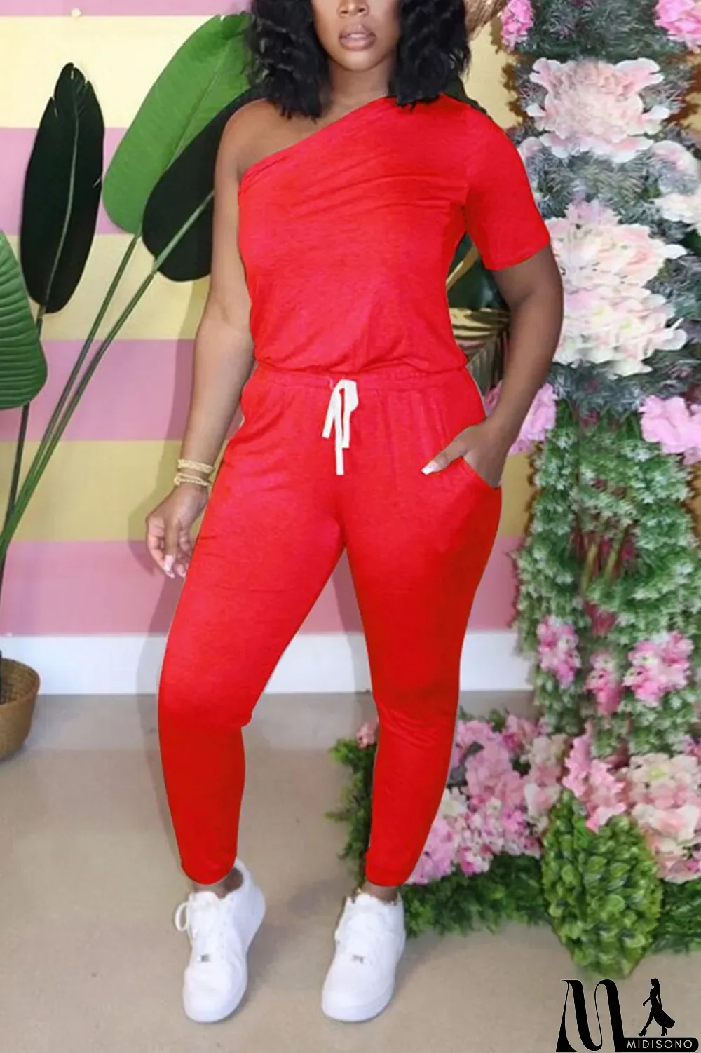 MidiSono - Black Fashion Sexy Fitted One Shoulder Short Sleeve Jumpsuit