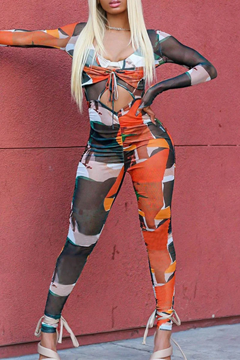 Fashion Sexy Print Bandage Hollowed Out See-through V Neck Skinny Jumpsuits