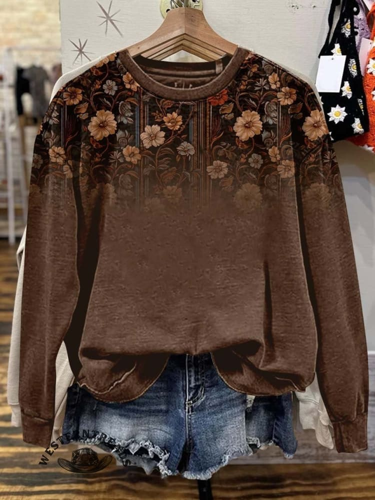 Women's Artistic Floral Gradient Pattern Crew Neck Sweatshirt