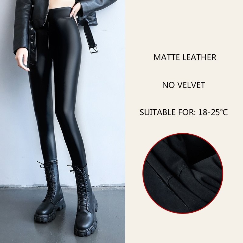 Budgetg Autumn Winter Velvet Thick Warm Leather Pants Women Elastic PU High Waist Leggings Black Casual Slimming Fleece Trousers