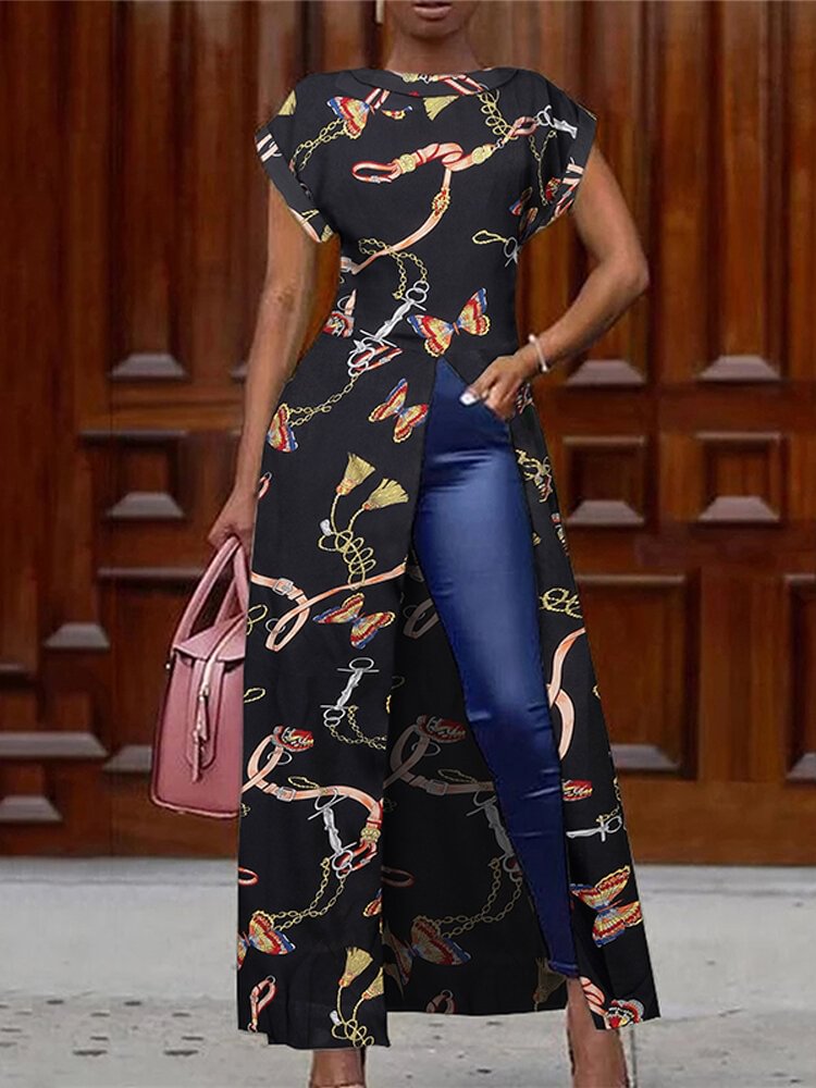 Splited Butterfly Print Short Sleeve O neck Long Blouse For Women P1668956