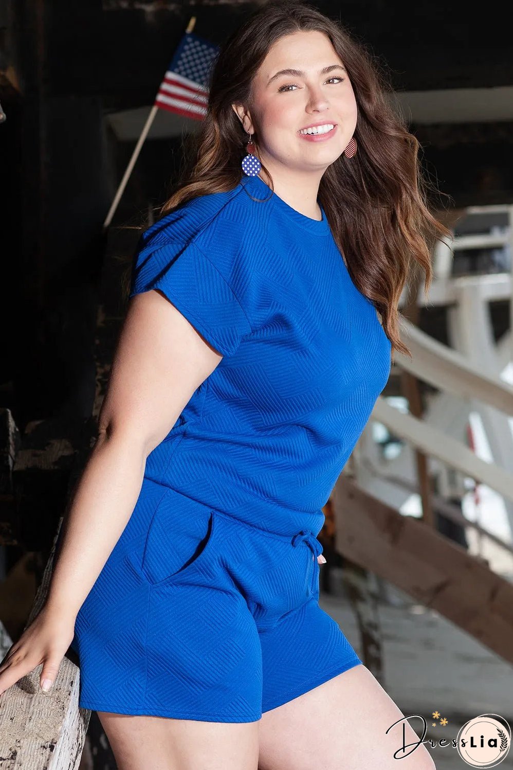 Dark Blue Plus Size Fashion Textured Short 2pcs Outfit