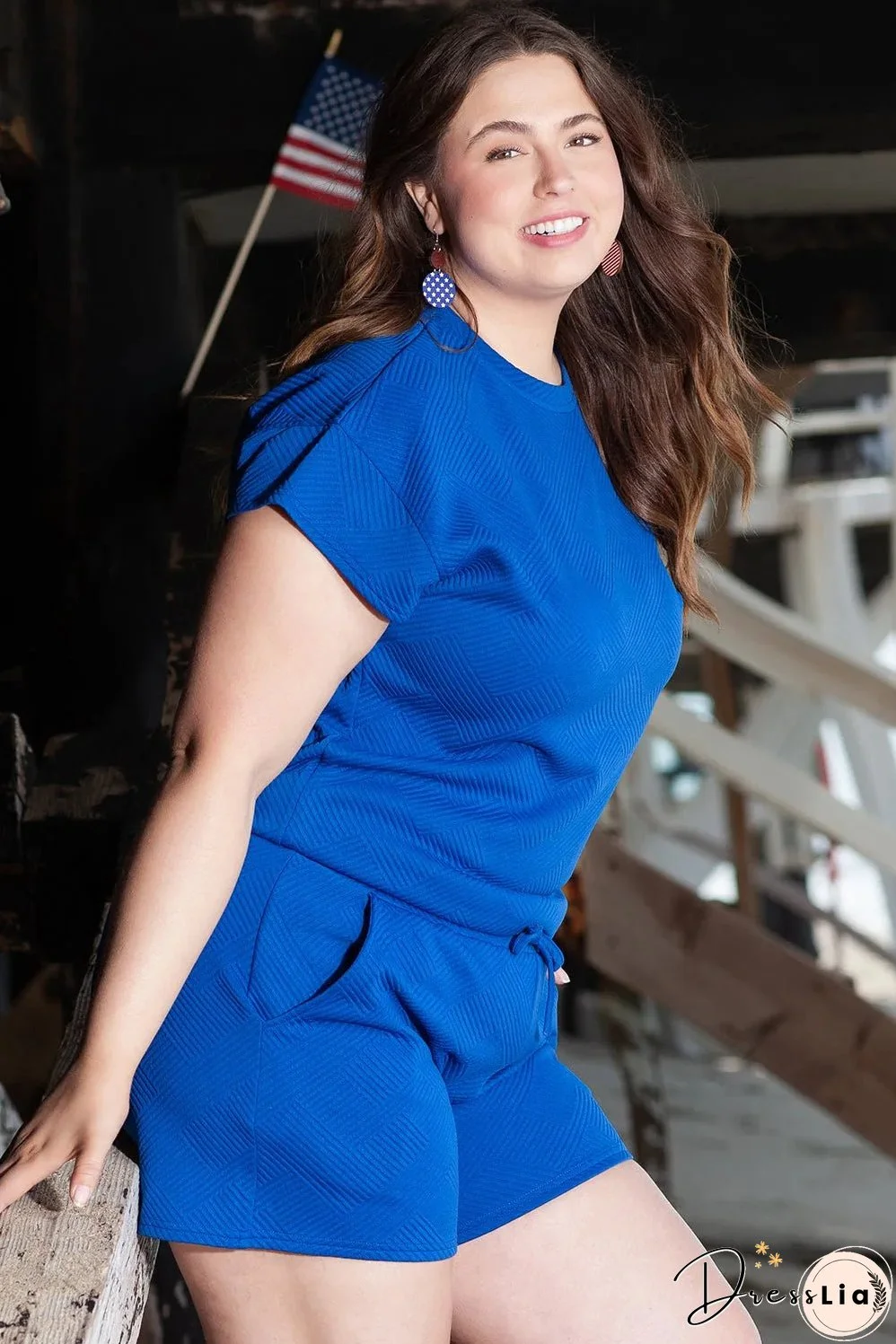 Dark Blue Plus Size Fashion Textured Short 2pcs Outfit