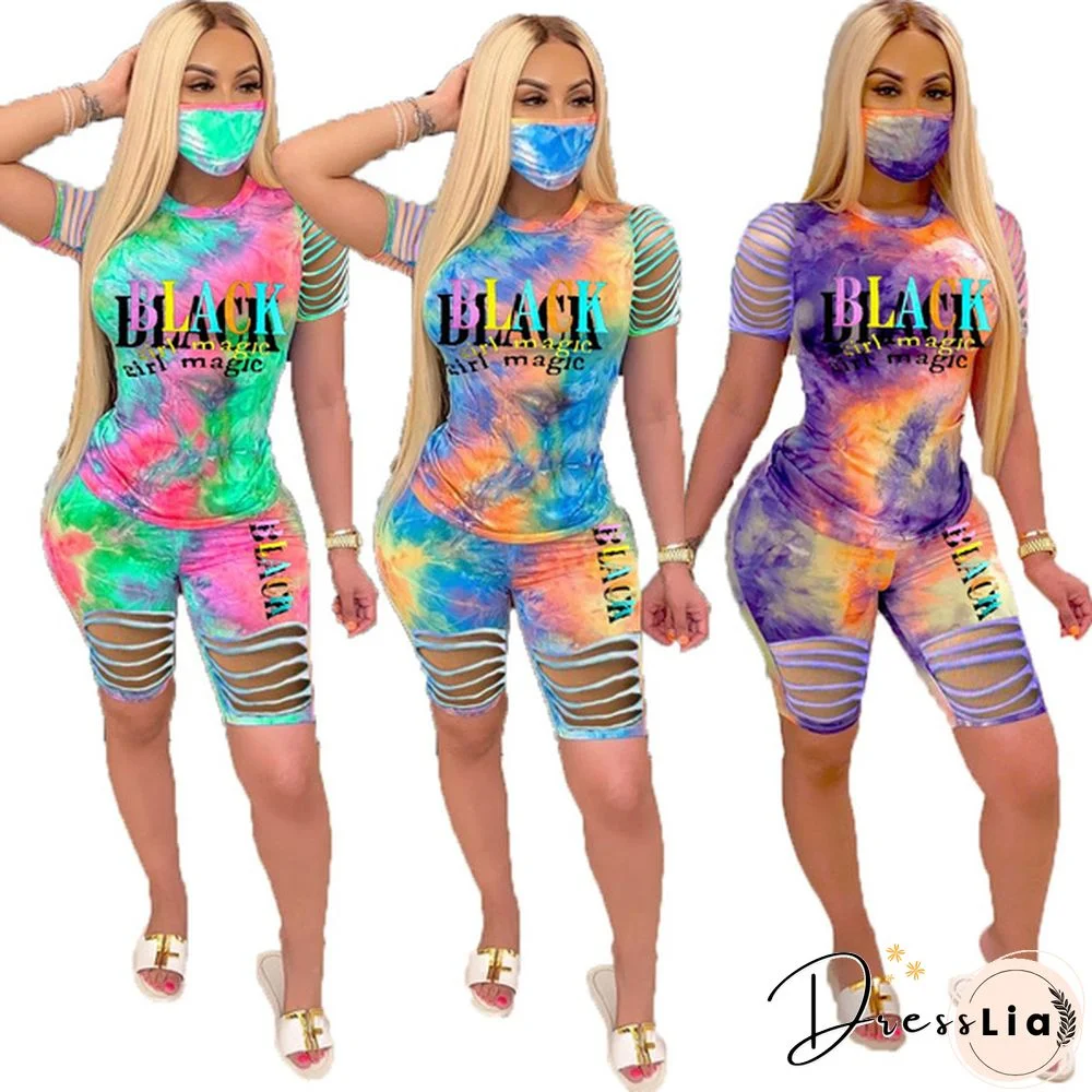 Summer Fashion Tie Dye Two Pieces Outfits George-Floyd Black Lives Matter Letter Print T Shirt And Shorts Set Women Outdoor Casual Hollow Out Athletic Set