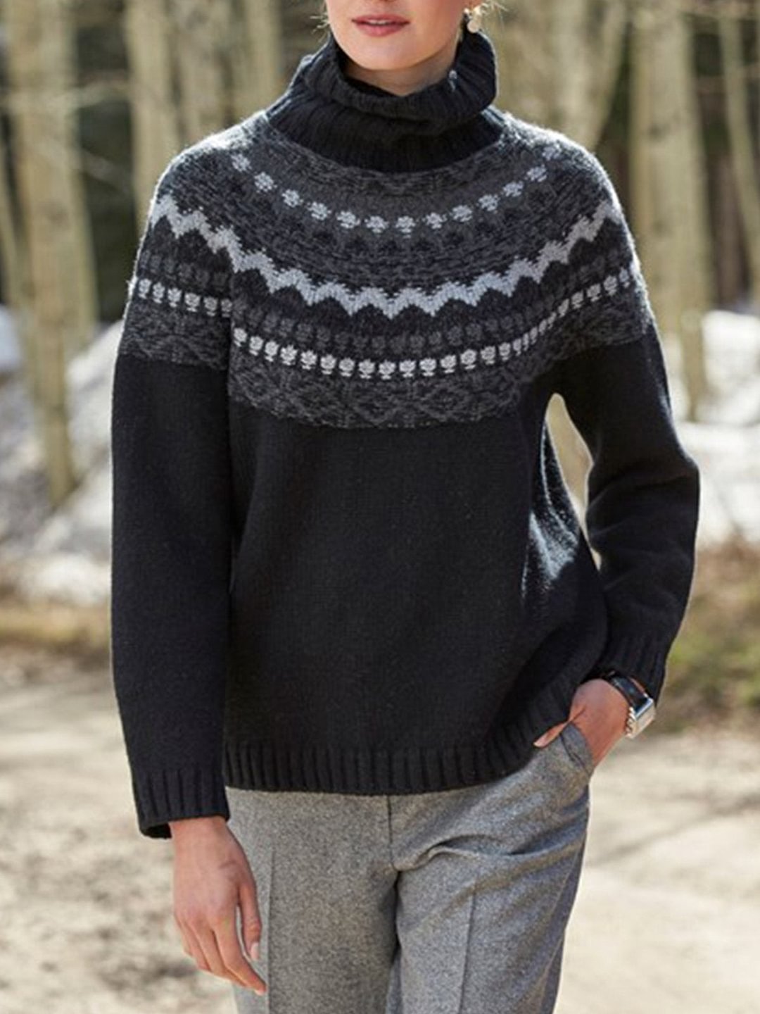 Black Long Sleeve Printed plus size Sweater | EGEMISS