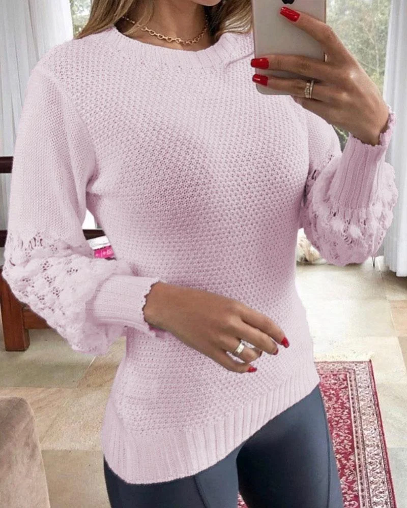 Hollow-Out Knitted Lantern Sleeve Sweater