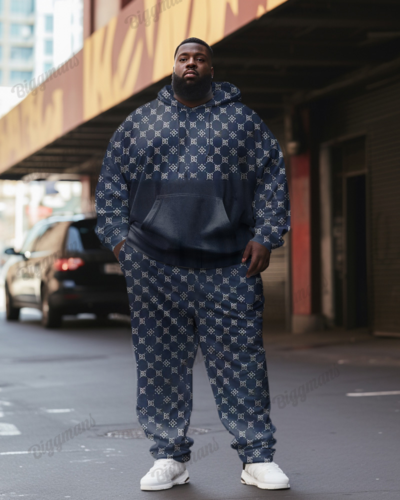 Men's Plus Size Classic Alphabet Flowers Print Hoodie Set
