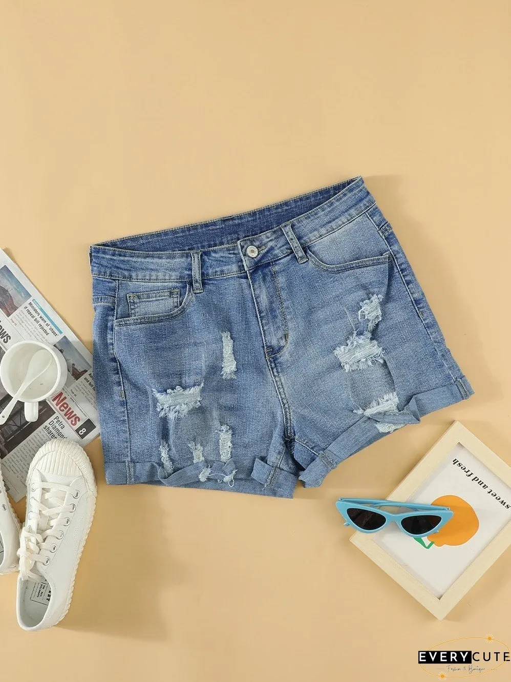 Patriotic Lace-Up Denim Shorts, Distressed