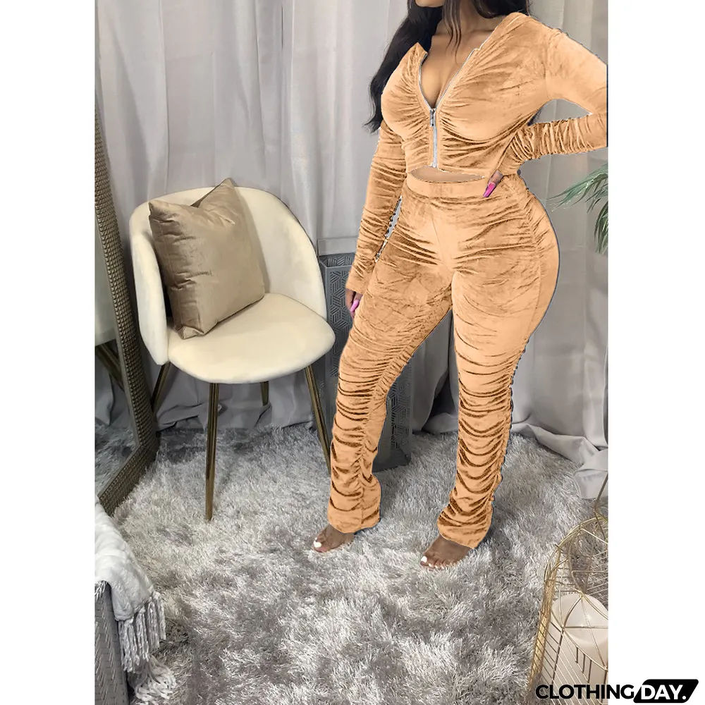 Velvet Pleated Zipper Hooded Jacket Skinny Pants Suit