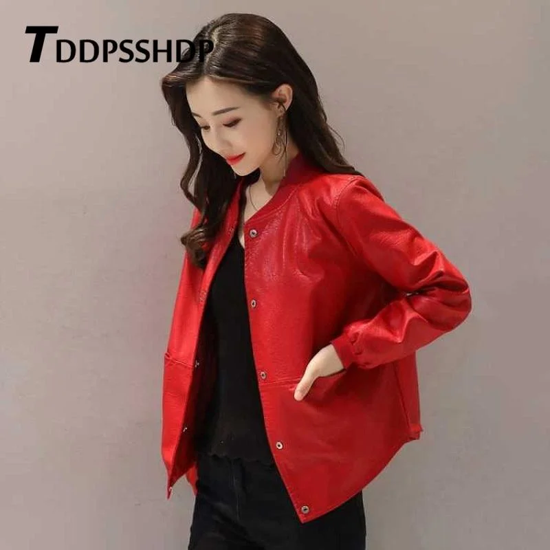 Short 2019 Spring New Loose Pu Leather Jacket Black Red Caramel Brown Color Female Coat