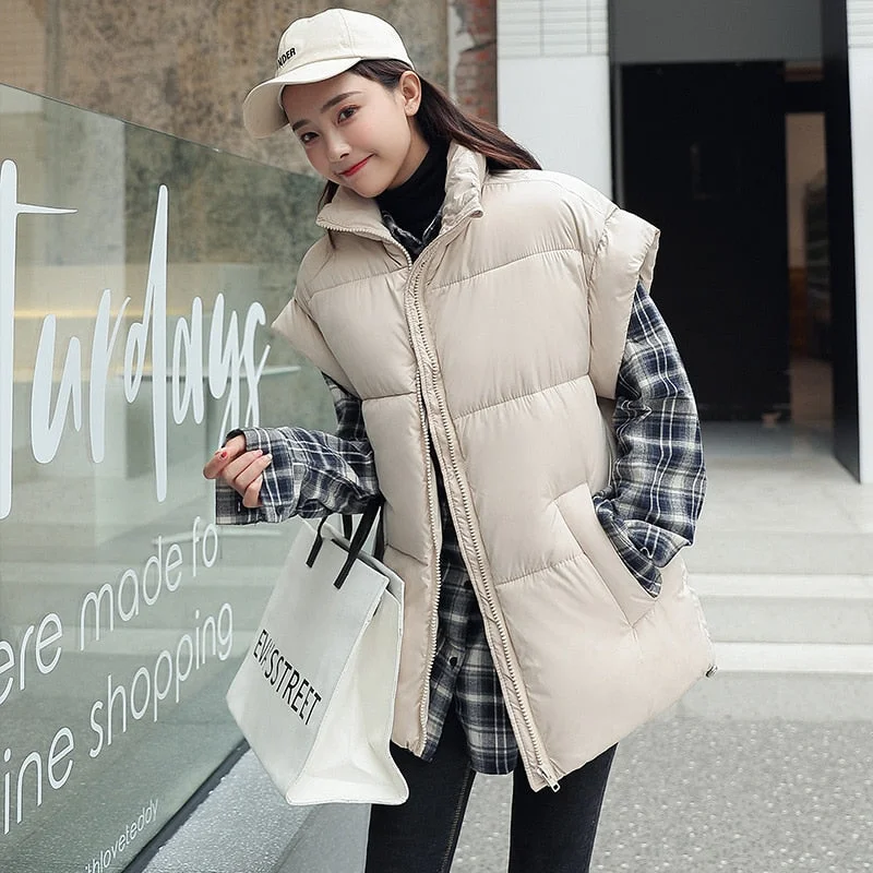 Winter Women Vest Warm Thick Down Padded Sleeveless Jacket Female Solid Loose Puffer Waistcoat Korean Fashion Stand Collar Vest