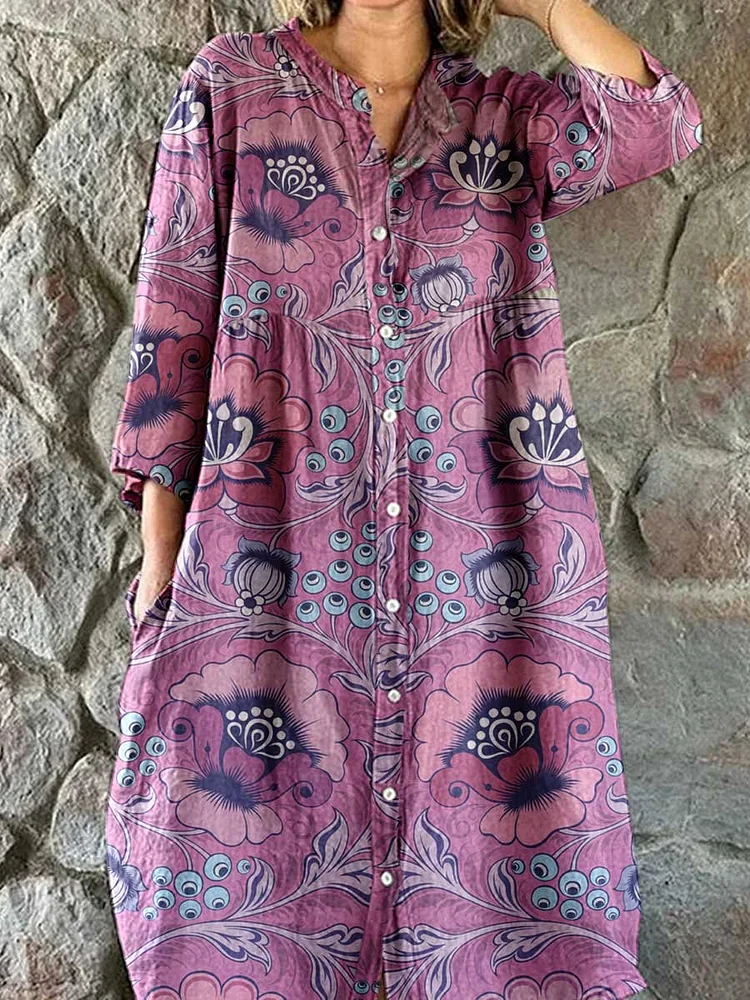 Women's Elegant Vintage Floral Pattern Shirt Style Cotton and Linen Dress