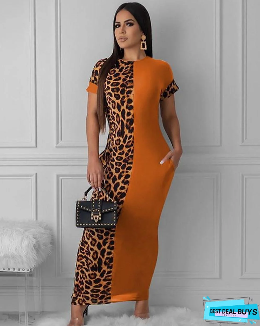 Women's Sheath Dress Maxi Long Dress Short Sleeve Leopard Black Orange Black Dresses