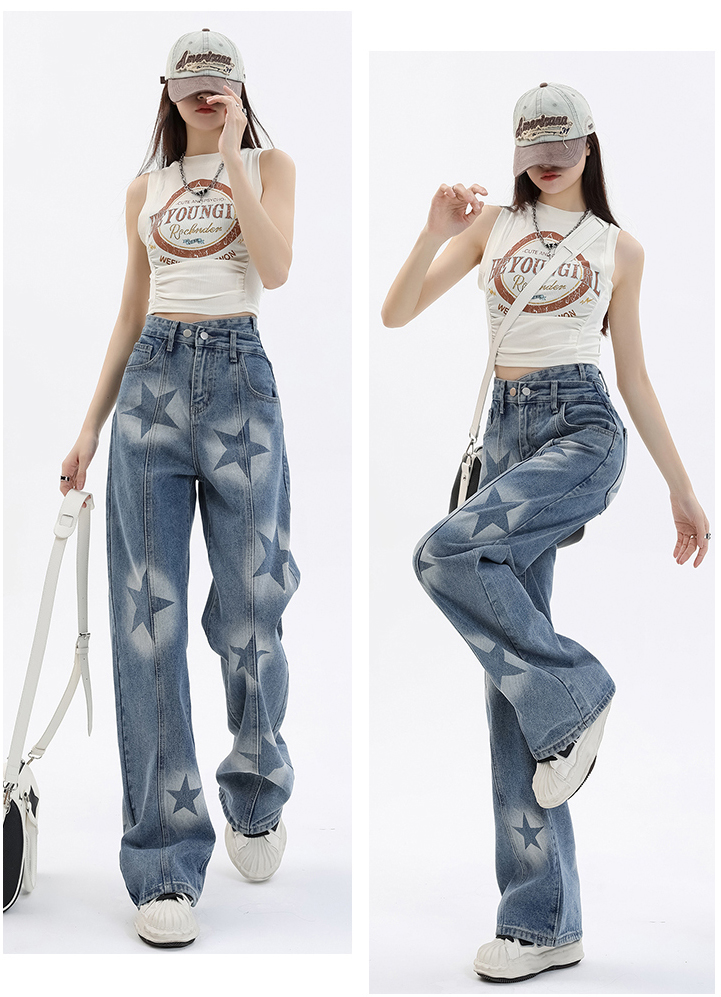 Y2K STAR PRINT IRREGULAR WAIST JEANS