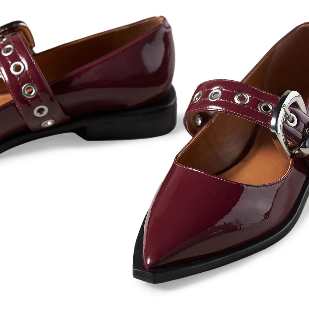 Maroon Patent Pointed Toe Flat Women Mary Jane Shoes with Buckle Strap