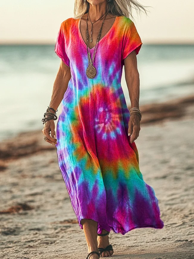 Women's Colorful Tie Dye Print Pocket Cotton Dress