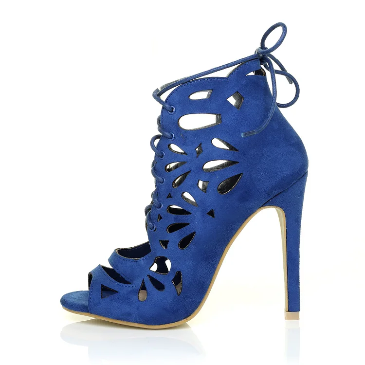 Royal Blue Lace up Heels Laser Cut Vegan Suede Peep Toe Heels |FSJ Shoes