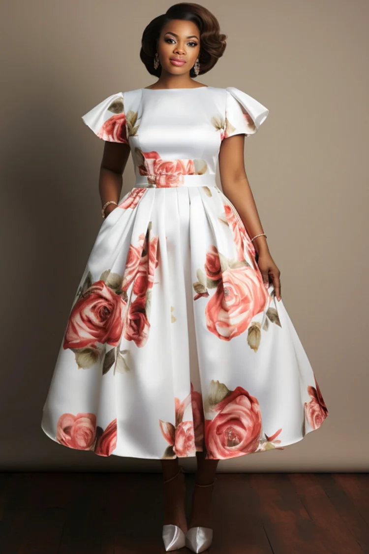 Xpluswear Design Plus Size Wedding Guest White Floral Round Neck Flutter Sleeve Short Sleeve Pocket Elegant Satin Midi Dresses [Pre-Order] 2024 - Xpluswear