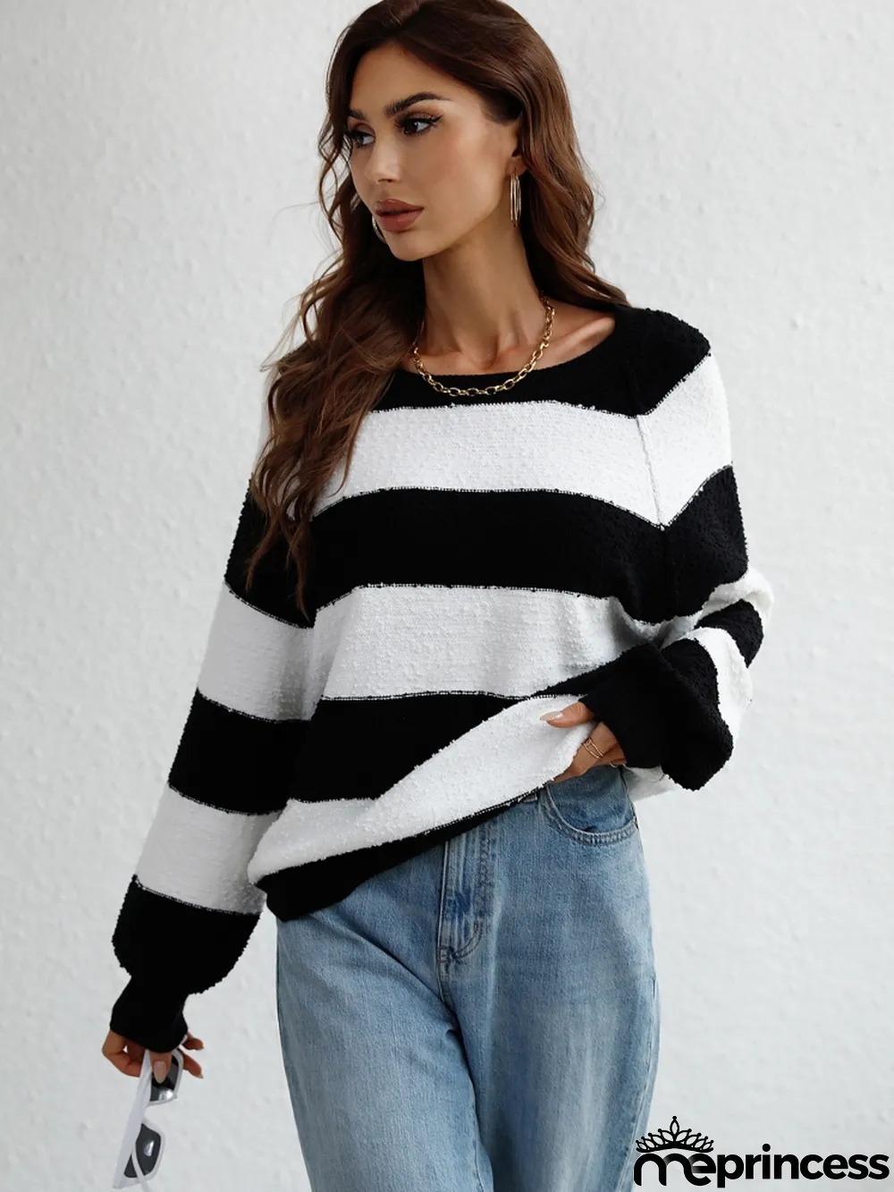 Winter women's Patchwork striped knitting shirt pullover loose sweater women
