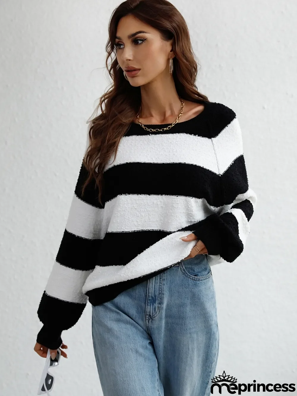 Winter women's Patchwork striped knitting shirt pullover loose sweater women