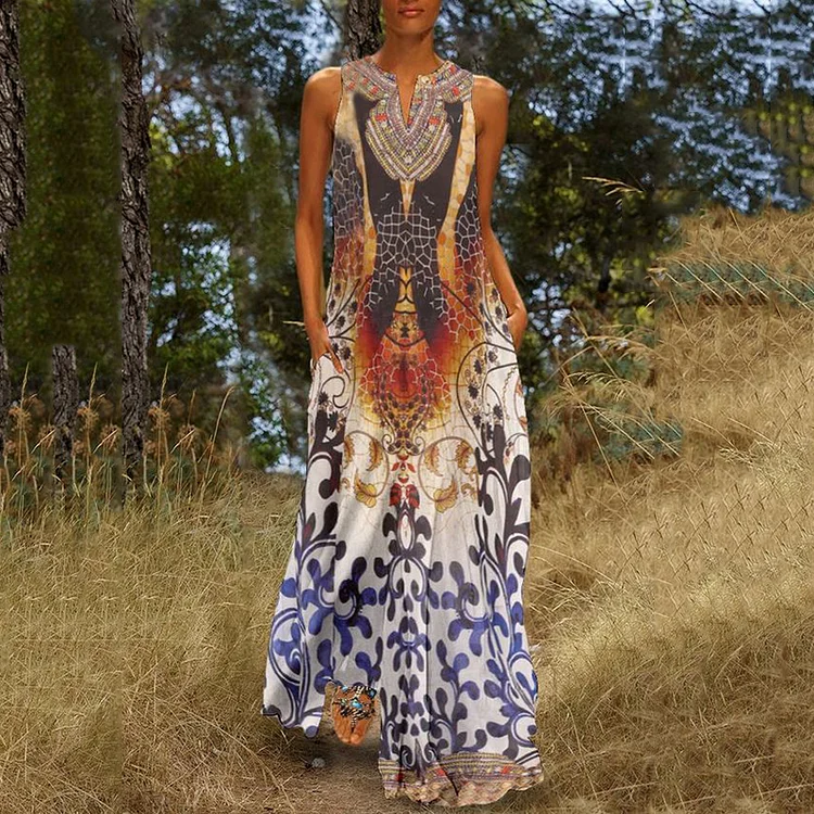 VChics African Tribal Leopard Print Beaded Necklace Print Maxi Dress