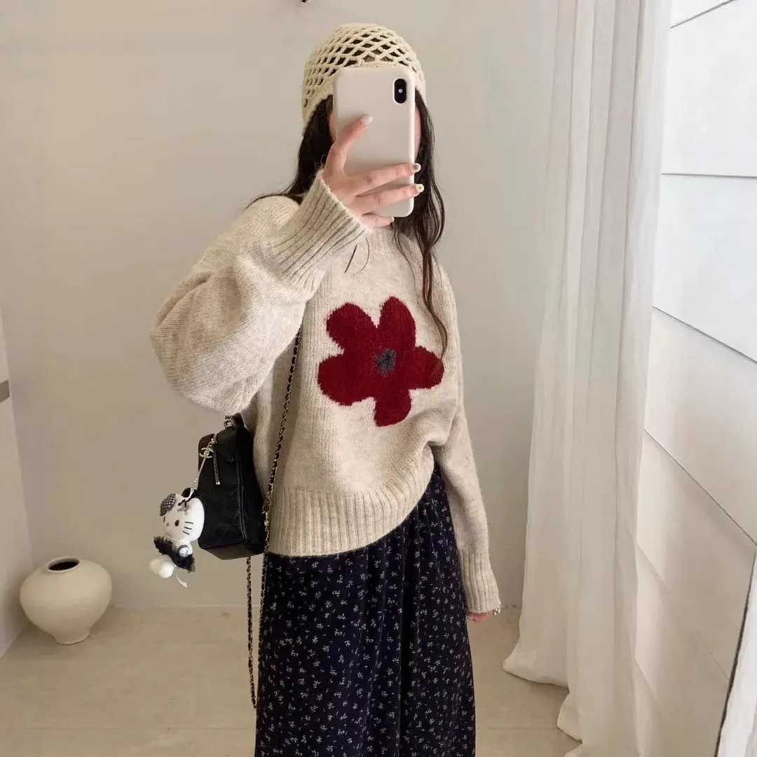 Nigikala Nigikala Dongdaemen Net Red Retro Letter Sweater Women Autumn And Winter Loose Lazy Wind Dopamine Round Knitted Shirt