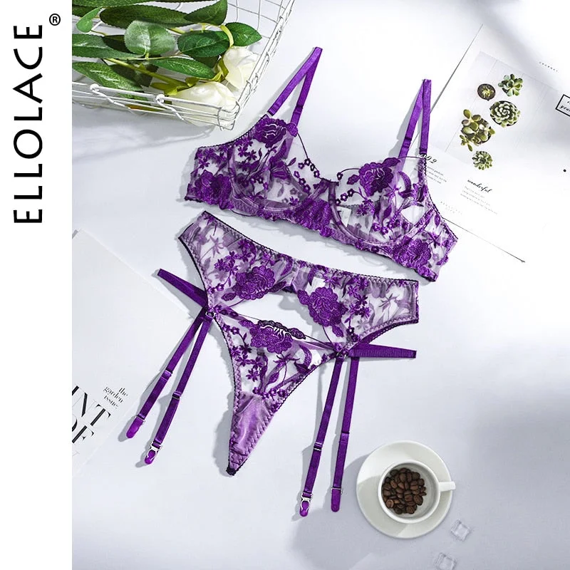 Ellolace Sexy Lingerie Exotic Costumes Lace Transparent Underwear Women Sensual Lingerie Woman Porn Erotic Lingerie 3 Pieces