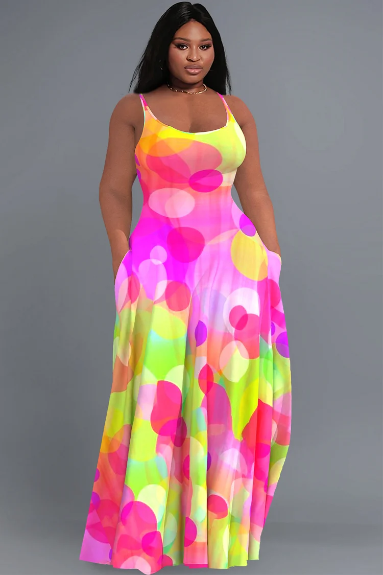 Xpluswear Design Plus Size Casual Sundress Pink Dots Print U Neck Sleeveless Pocket Maxi Dresses