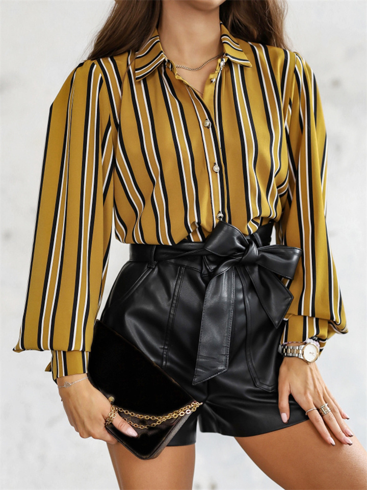 Shirt Stripes Hit Color Spring and Autumn Long-sleeved Single-breasted Loose Type Cardigan Comfortable Casual Shirt Female