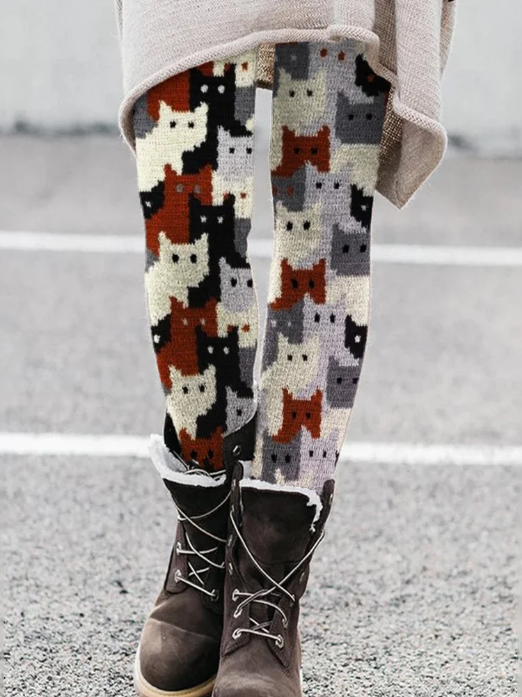 Colorful Cats Knit Art Cozy Leggings